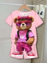 Young Girl Casual Simple Cartoon Bear Pattern Short Sleeve T-Shirt And Shorts Set, Suitable For Summer